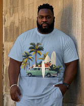 Big Men's Hawaiians Cartoon Coconut Tree and Car Printed Short Sleeve T-shirt Shorts Set